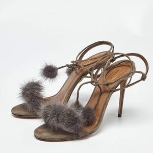 Aquazzura Grey Mink Strappy Heels with Fur Details